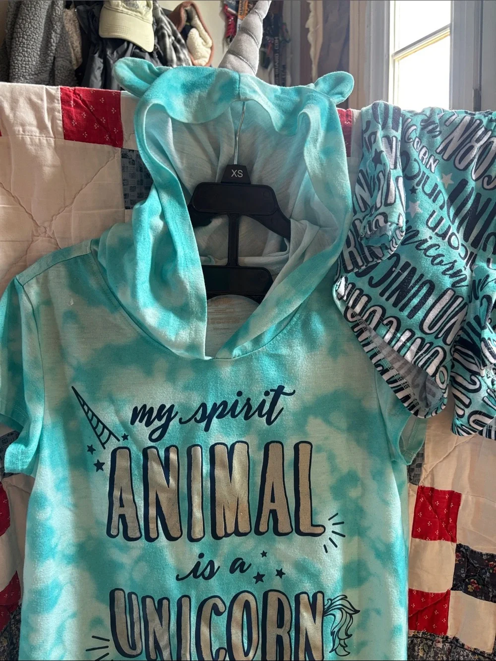 Bundle of 2 PJ’s Justice Turquoise Unicorn Hooded Pajama Set and one other set.